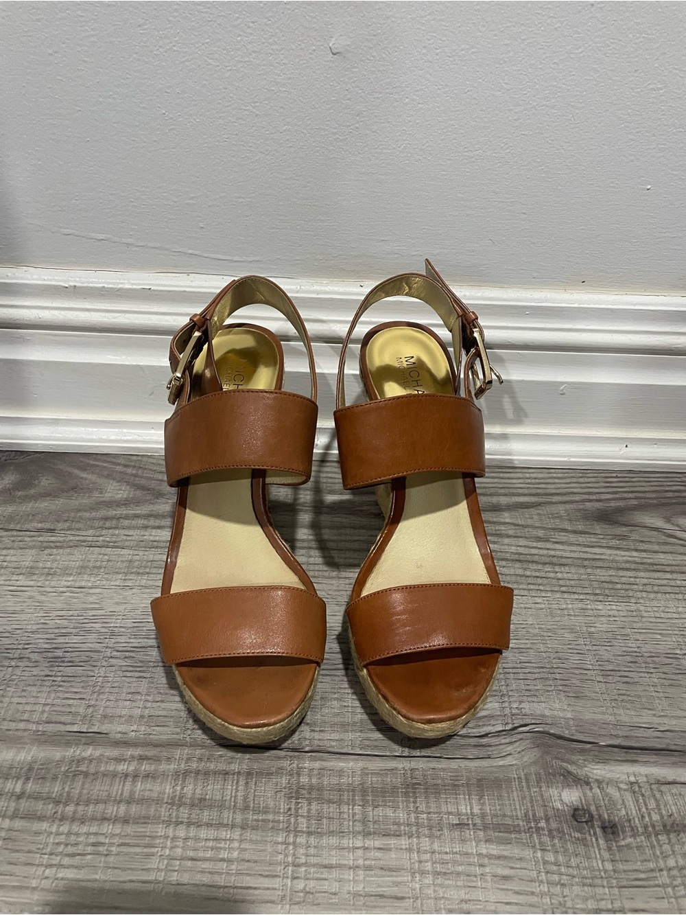 Michael Kors Brown Leather Wedge Sandals with Ankle Strap - Size 9M